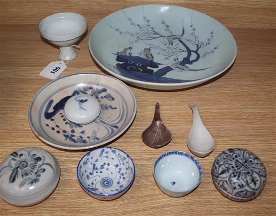 Three Annamese blue and white circular pots, a dish and other ceramics